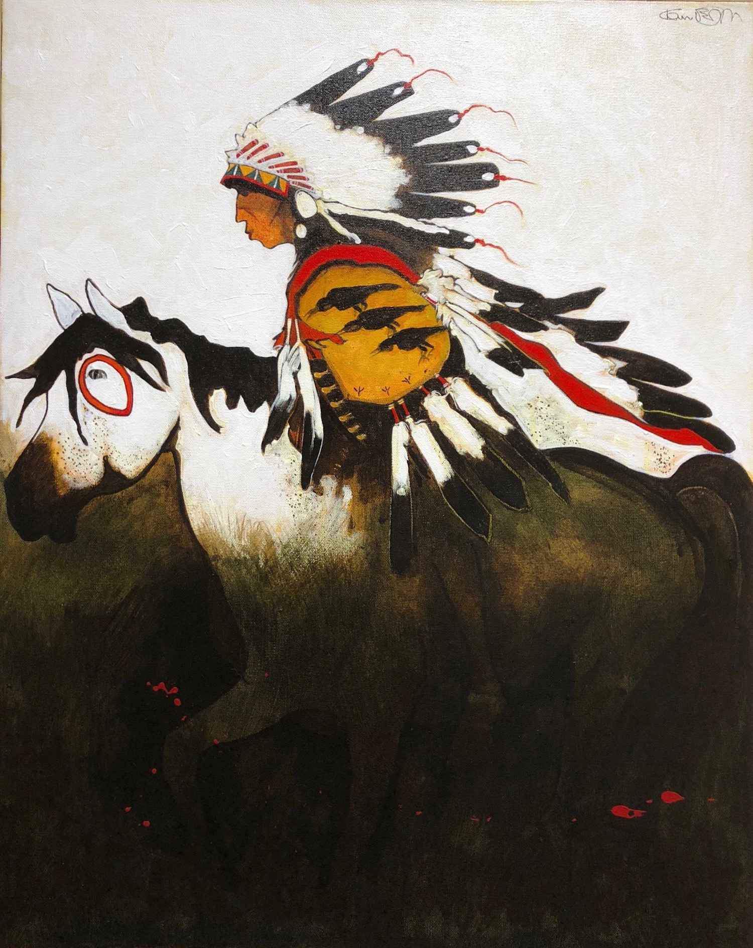 Painting of a crow warrior on his horse with a shield with three ravens by Kevin Red Star