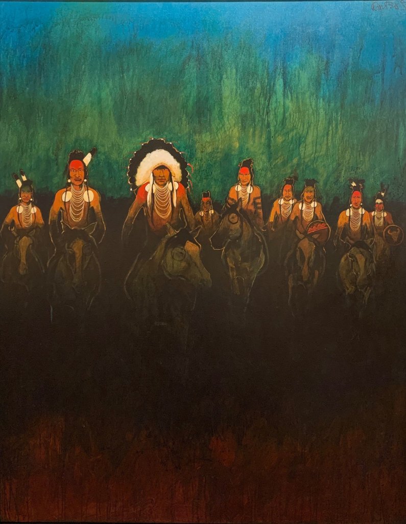 Painting of Native American warriors with blue and green abstract background by Kevin Red Star as seen at Sorrel Sky Gallery