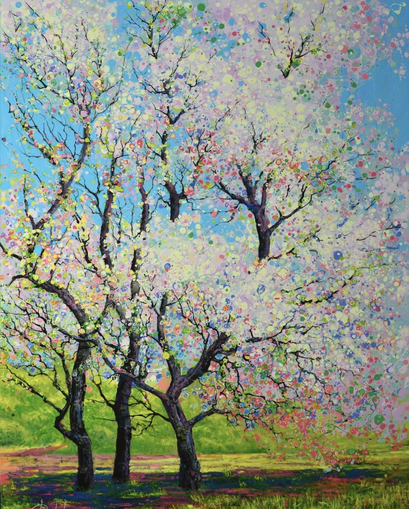 Painting of three trees full of springtime blossoms by Roberto Uglade as seen at Sorrel Sky Gallery