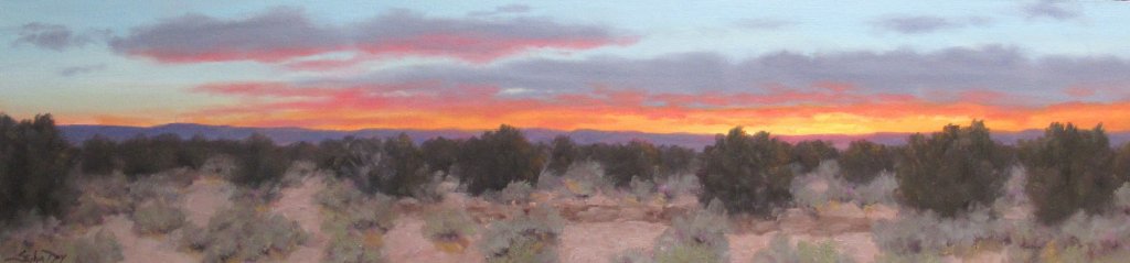 Panoramic oil painting of the sunset in the Southwest by Stephen Day as seen at Sorrel Sky Gallery
