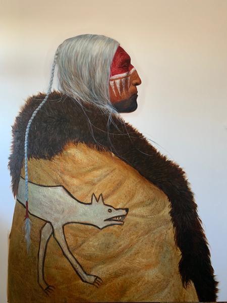 Profile of an older Native American chief with a buffalo robe with a white wolf motif by Greg Overton as seen at Sorrel Sky Gallery
