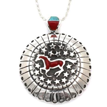 Reversible sterling silver horse pendant inlaid with roserita and turquoise by Ben Nighthorse as seen at Sorrel Sky Gallery