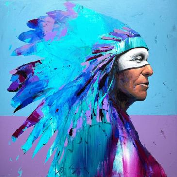 Vibrant painting of a Native American Chief by Jeremy Salazar as seen at Sorrel Sky Gallery